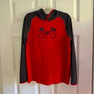Under Armour HeatGear Loose Hoodie Youth M Pullover Raglan Red Gray Flaw